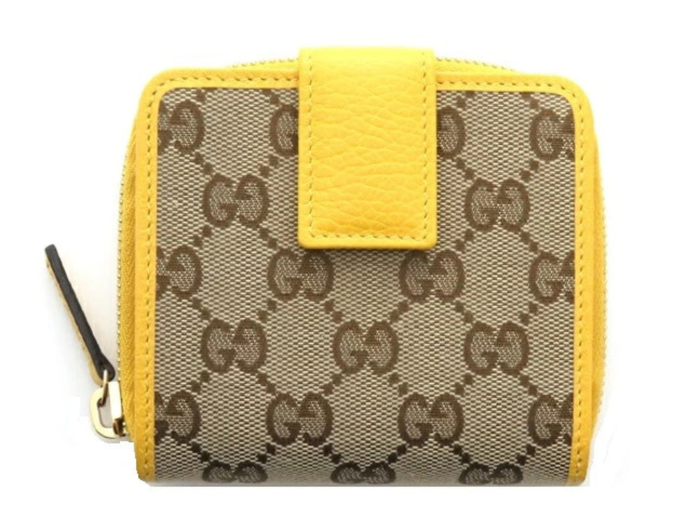 Gucci Bi fold Wallet Round Zipper Beige Cream Yellow GG Canvas Leather